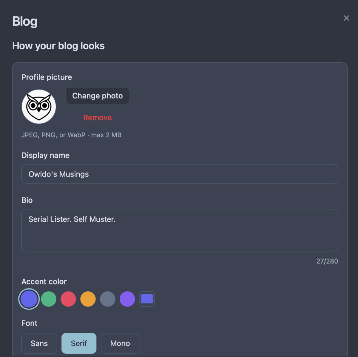 Owldo blog settings for customising a published notes site