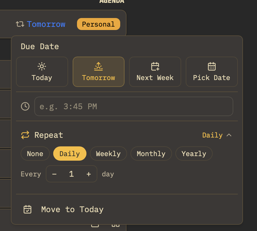 Owldo task due date and repeat/recurrence configuration panel