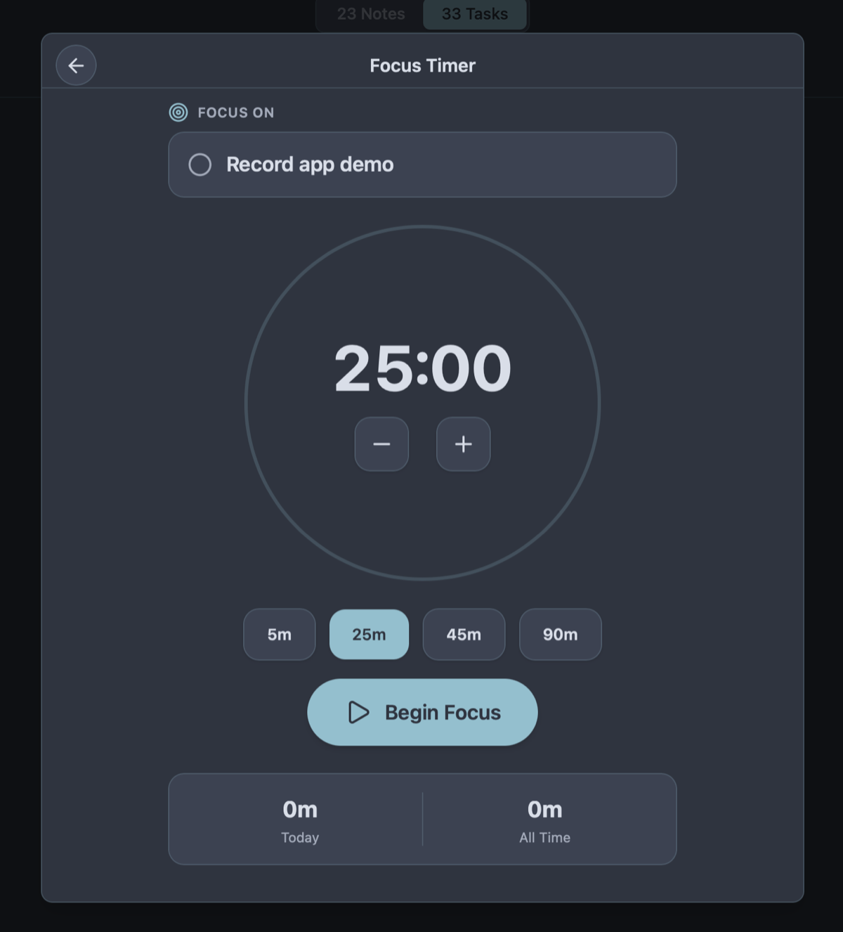 Owldo built-in Pomodoro focus timer attached to a task
