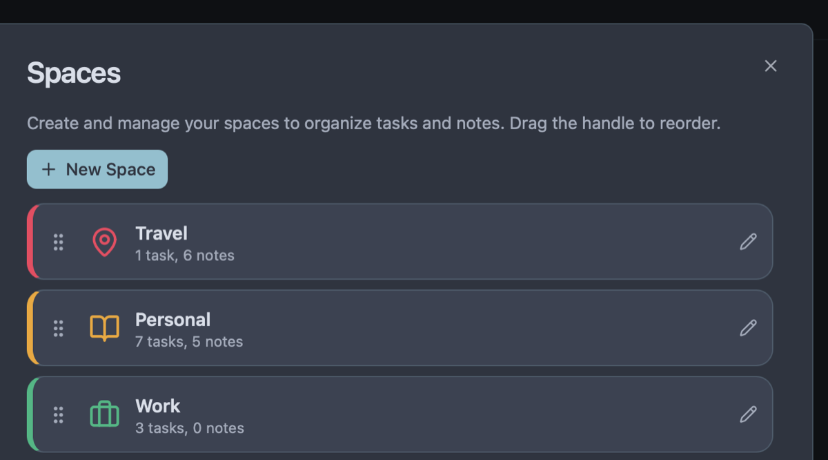 Owldo Spaces management settings for organising tasks and notes